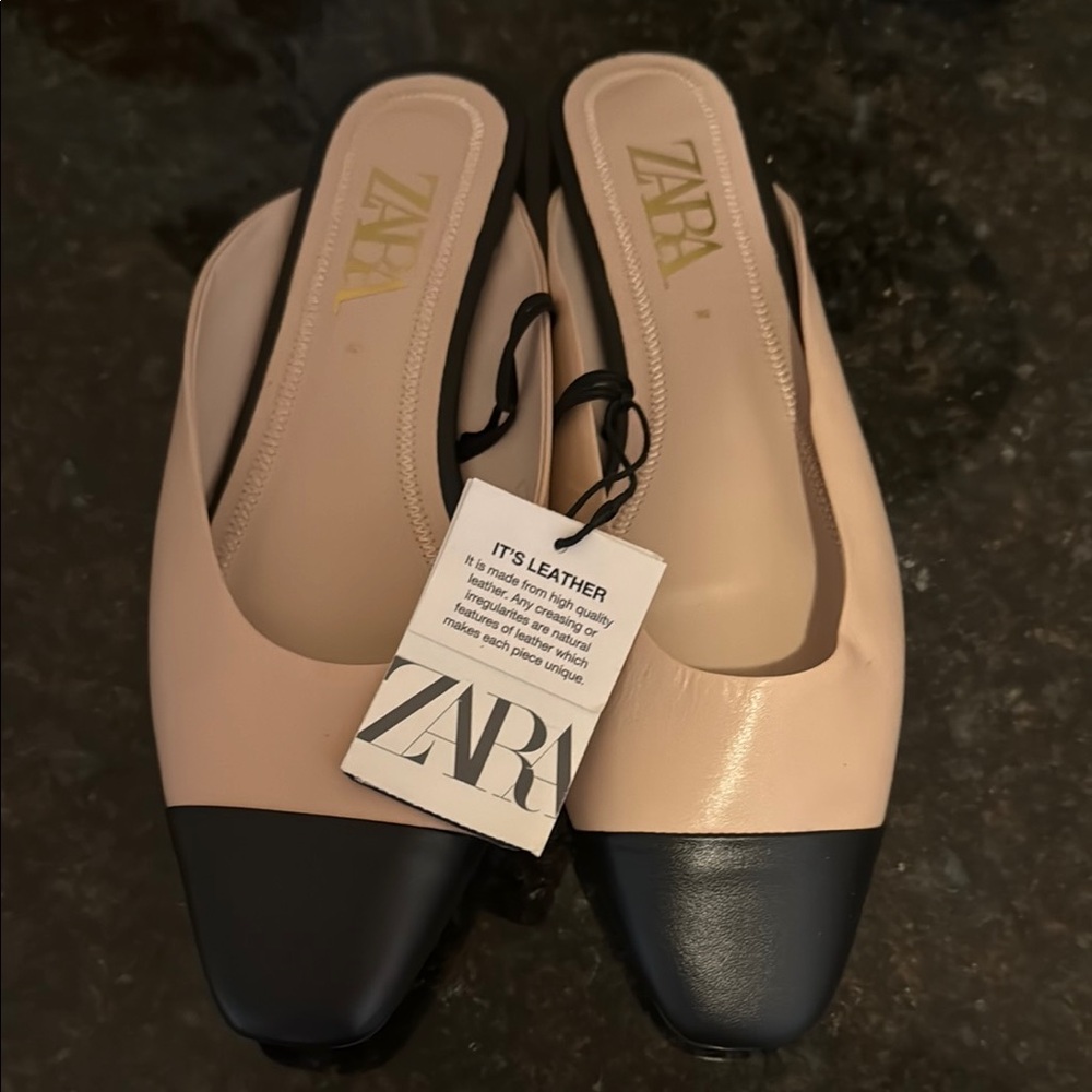 Zara Women's Black and Cream Leather Shoes